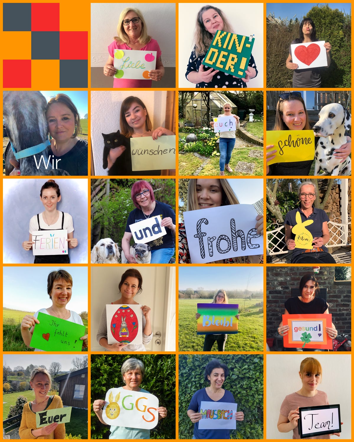 Ostergruß als Collage: Liebe Kinder! Wir wünschen euch schöne Ferien und frohe Ostern. Ihr fehlt uns! Bleibt gesund! Euer OGGS Mausbach Team!