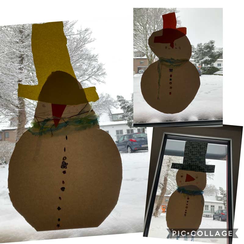 Collage von drei Schneemann-Fensterbildern.