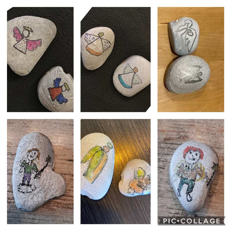 Collage von sechs Bildern mit bemalten Steinen.