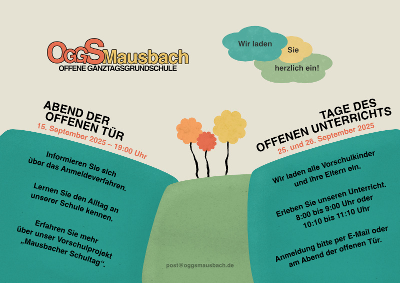 Einladung zum Abend der offenen Tür am 15. September 2025 – 19:00 Uhr und zu Tage des offenen Unterrichts am 25. und 26. September 2025 – jeweils 8:00 bis 9:00 Uhr und 10:10 bis 11:10 Uhr.
