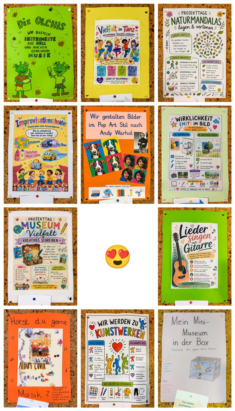 Elf bunte Plakate mit verschiedenen Themen wie Musik, Kunst, Museum, Naturmandalas und Mini-Museum, als Collage.