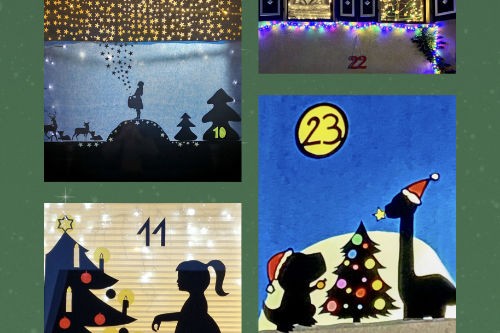 Vier weihnachtliche Fensterbilder mit Silhouetten von Kindern, Tieren und Weihnachtsbäumen, nummeriert mit den Zahlen 10, 11, 22 und 23.